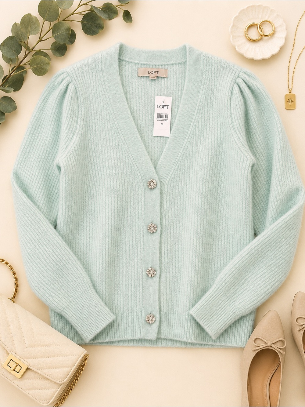 LOFT Mint Green Jeweled Button Puff Sleeve Cardigan M NWT